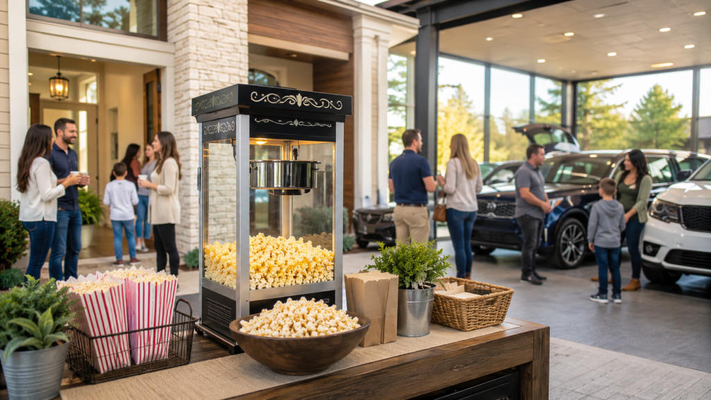 Commercial popcorn machine set up with fresh popcorn inside a car dealership showroom