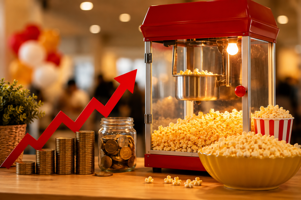 Fresh popcorn popping inside a commercial popcorn machine at a concession stand