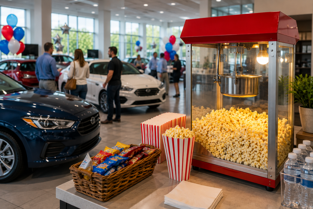 A red commercial popcorn machine filled with fresh popcorn on a counter, with blurred people socializing in the background at an indoor event.