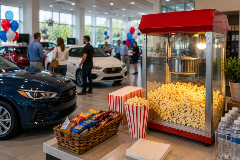 A red commercial popcorn machine filled with fresh popcorn on a counter, with blurred people socializing in the background at an indoor event.
