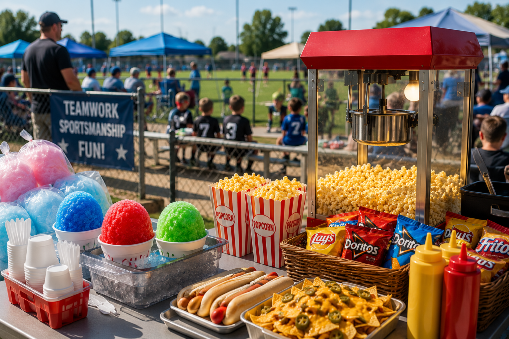 A concession table set up at an outdoor youth sports field featuring a popcorn machine with pink details, colorful snow cones, and striped bags of popcorn.