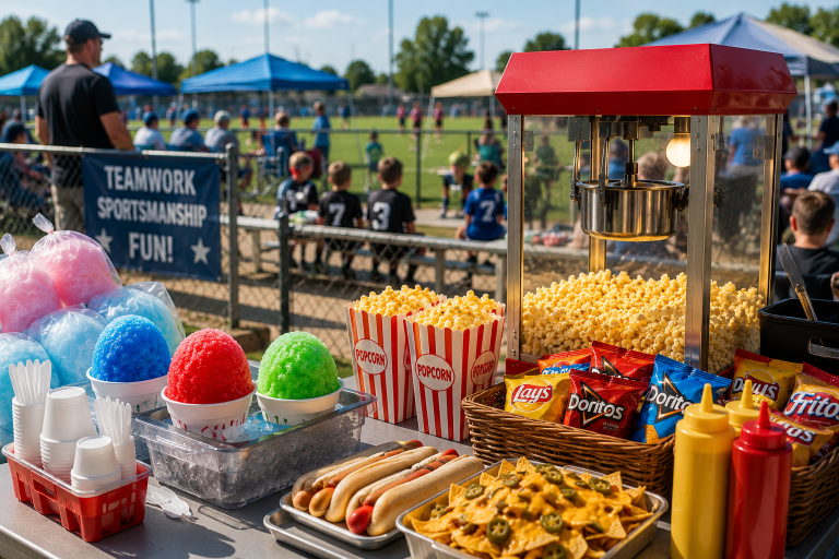 A concession table set up at an outdoor youth sports field featuring a popcorn machine with pink details, colorful snow cones, and striped bags of popcorn.