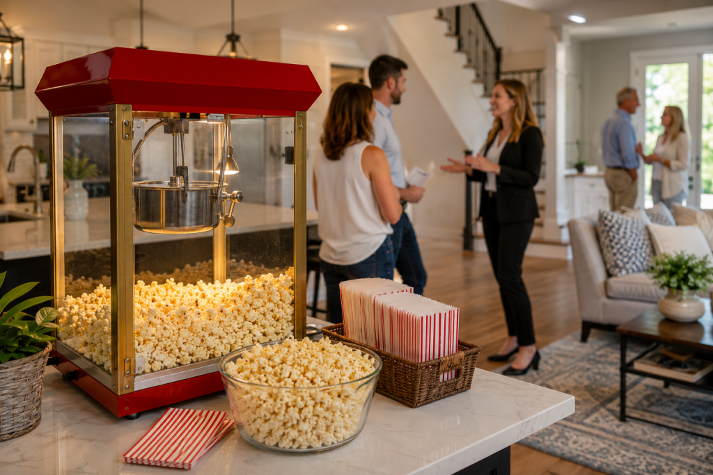 A red commercial popcorn machine filled with fresh popcorn sits on a wooden surface, with a realtor and home buyers chatting in the background of an open house.